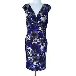 Ralph LAUREN Floral Jersey Cap Sleeve Dress Ruched Sheath Sz 14 Blue Black Gray